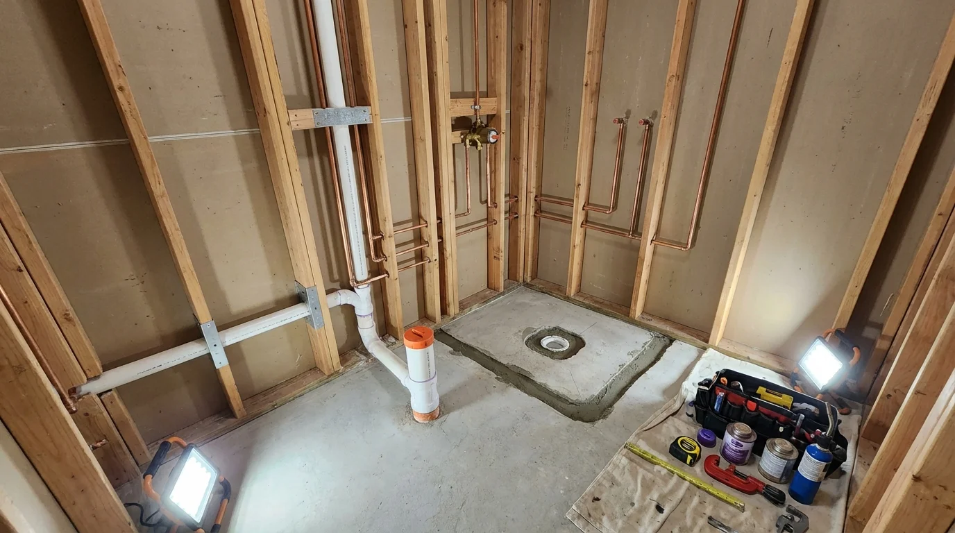 Bathroom rough-in plumbing during remodel by Johns Plumbing LLC in Curwensville