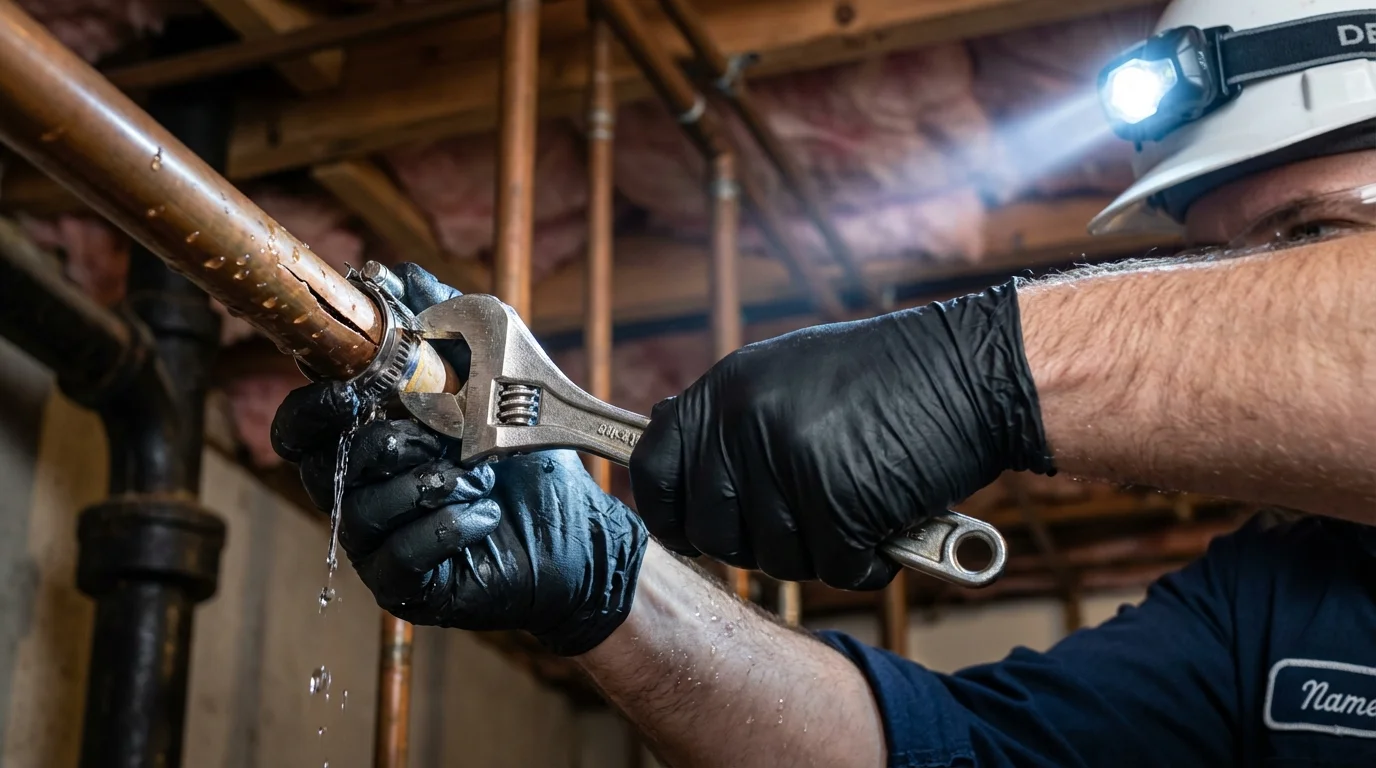 Emergency pipe clamp repair being performed by a Johns Plumbing LLC plumber in Curwensville