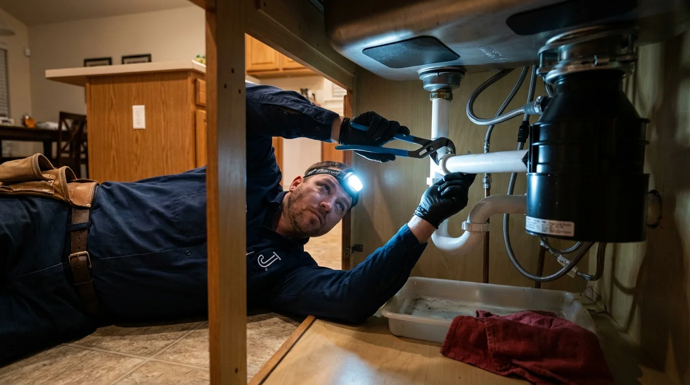 P-trap and supply line connections under a kitchen sink showing a common leak point in Curwensville, PA